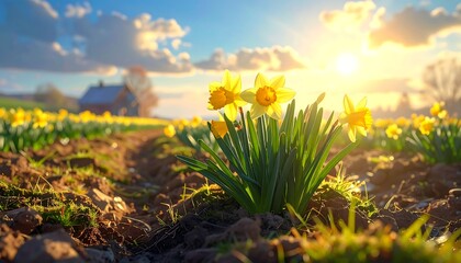 Fototapeta premium A serene field of vibrant yellow flowers at sunrise