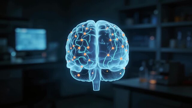 Futuristic digital brain with glowing neural network connections in modern scientific laboratory background