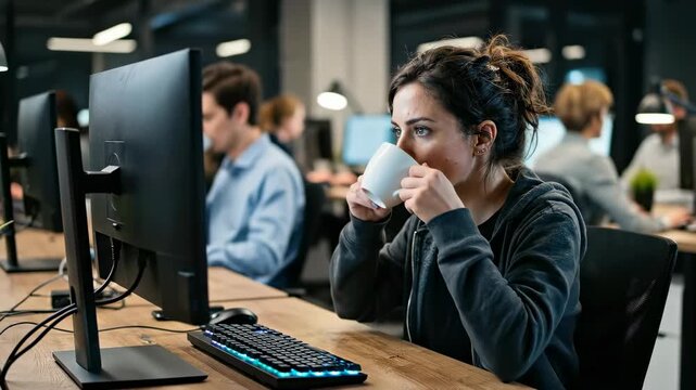 Focused female programmer working on a computer in a modern office environment