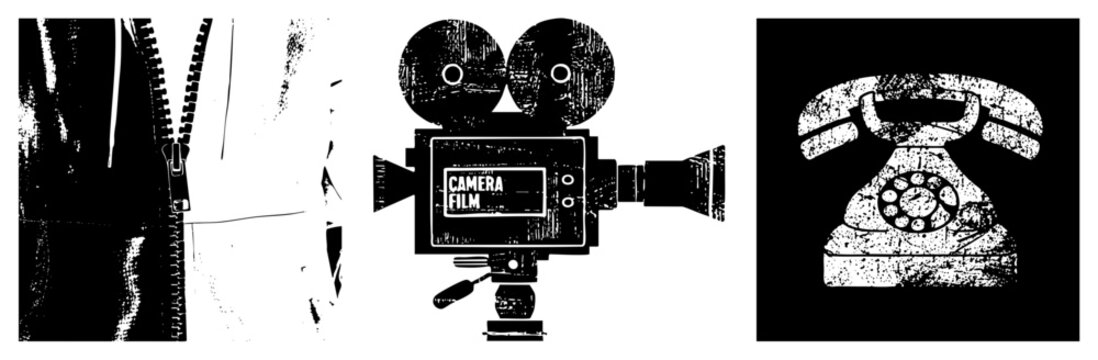 Retro camera with film reels, rotary telephone, zipper pull, distressed halftone style, vector, isolated elements, design.