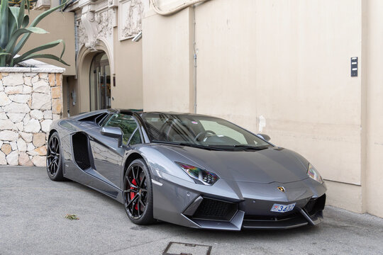 Monte Carlo, Monaco - May 28th 2019 : View on a grey Lamborghini Aventador LP 700-4 Roadster parked on a street.