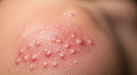 Fototapeta premium Close-up of a cluster of small red bumps and pustules on human skin.