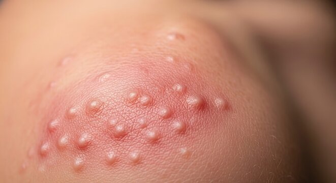 Close-up of a cluster of small red bumps and pustules on human skin.