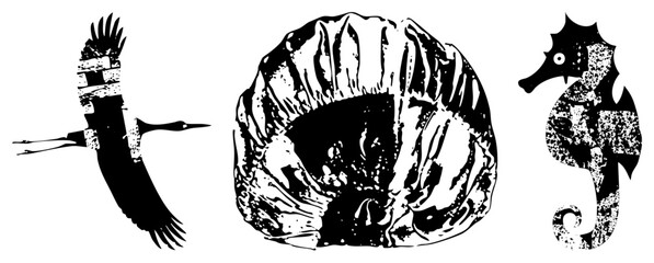 Fototapeta premium Flying crane,, and seahorse rendered in bold vector art with halftone texture, isolated graphic elements, marine wildlife motifs, artistic silhouette style.