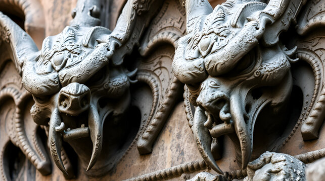 Close-up of gothic gargoyles with a weathered stone texture, evoking a sense of ancient history and mystery. The gargoyles have menacing expressions and detailed features.