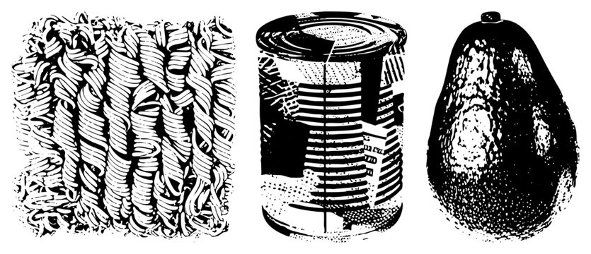 Stylized vector graphic of spiral pasta, canned food, and avocado rendered in halftone. Includes food items, kitchen staples, and organic shapes in high contrast.