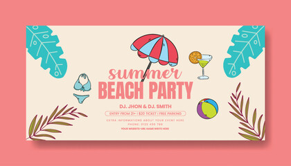 Naklejka premium Summer Pool and beach Party banner for Social Media and Website Banner Template, Vector Tropical Background, Pool Floats, Sunshine Vibes, Summer Sale Promo Design,, Seasonal Holiday Advertising banner