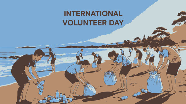 International Volunteer Day Beach Cleanup vector illustration