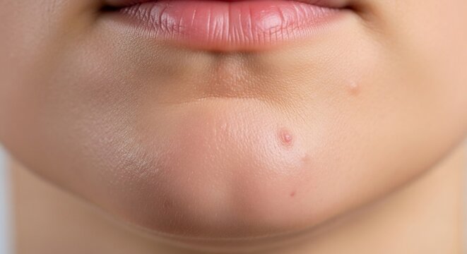 Close up of a young persons chin with a pimple.