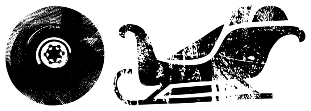 Retro sled silhouette with distressed texture, vinyl record with central label, vector design, holiday or music themed graphic elements.