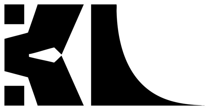 Stylized black monogram logo featuring angular "K" and curved "L", modern abstract typography, minimalist design, vector graphic, corporate branding element.