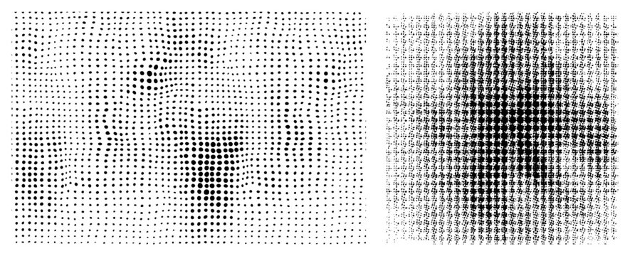 Black and white halftone graphic using varying dot density to simulate shading, vector art, print design element, screen printing, typography background texture.