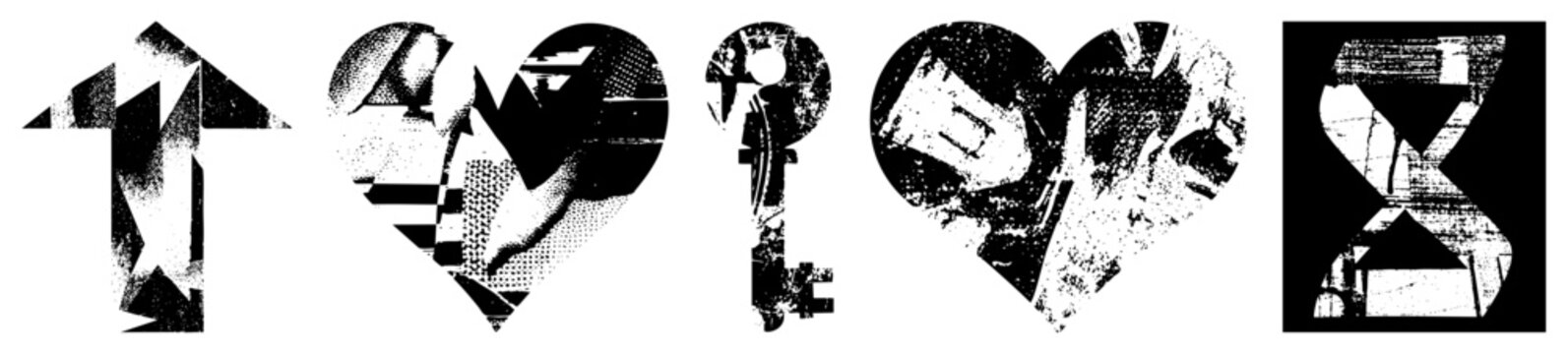 Vector graphic symbols featuring arrow, heart, key, and hourglass with fragmented halftone, glitch art style, design.