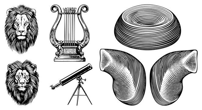 Classic engraved illustrations of lion heads, lyre, telescope, and torus pipes, rendered in halftone and contour, ideal for retro design or technical schematics.