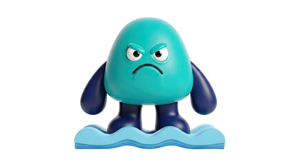 Obraz premium Grumpy Teal Blob Monster Standing in Blue Waves
