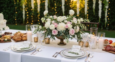 Fototapeta premium A beautifully decorated table set for a formal dinner, with a centerpiece of white flowers and candles, surrounded by plates of food, including a cake, and a variety of drinks.