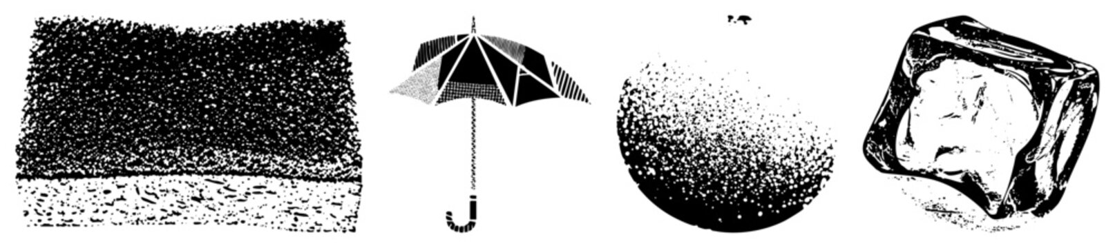 Vector halftone illustrations umbrella with geometric panels, textured sphere, melting ice cube, and grainy field all rendered in dot for graphic design.
