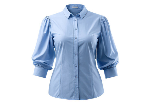 Light blue collared shirt with puffed sleeves and button front clothing fashion, Png, Isolated on Transparent Background, Cut Out