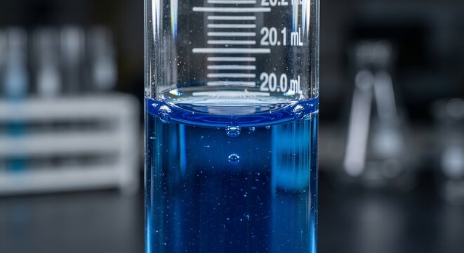 Graduated cylinder filled with vibrant blue liquid in a laboratory setting, perfect for scientific research, chemistry experiments, and education