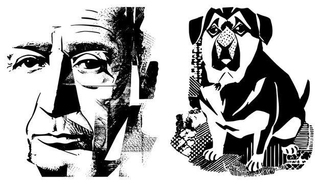Black and white halftone portrait of a man and a pug dog, graphic design, vector art, bold, textured shading, isolated subjects.