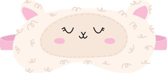 Cute vector illustration of a sheep-shaped eye mask for sleeping. Pajama party concept. Fluffy llama and alpaca sleep mask with ears, closed eyes and pink strap, isolated on white background. © Марина Мигаль