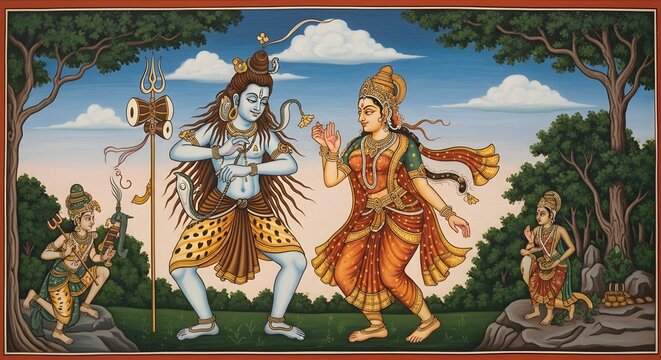 Traditional Indian Painting of Shiva and Parvati in a Forest Scene with Devotees and Nature Elements