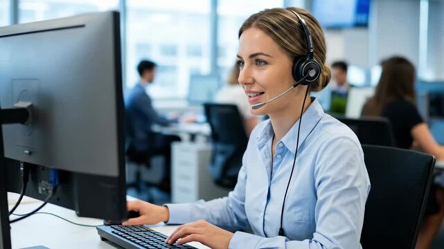 Customer service representative working on computer with headset in a busy office