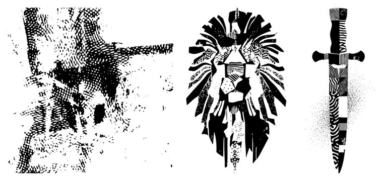 Stylized halftone lion head with mane, dagger with textured hilt, abstract tree form, all in vector art, isolated graphic elements for design use.