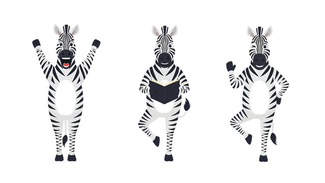Cute cartoon zebras set: excited, reading a book, and balancing. Playful animal characters in various poses. Vector illustration.