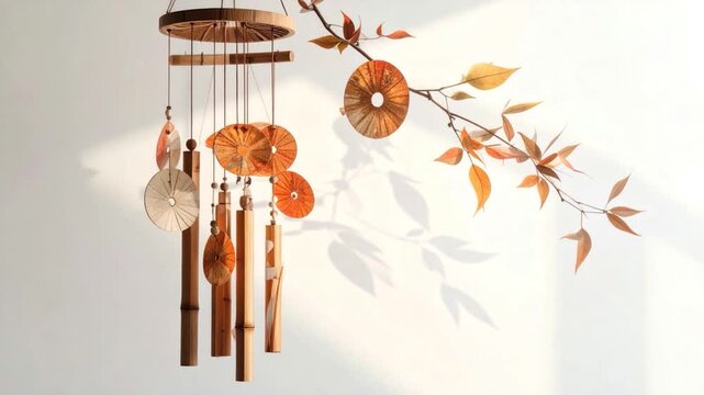 A wooden wind chime adorned with circular decorations and bamboo chimes hangs near a branch with warm leaves