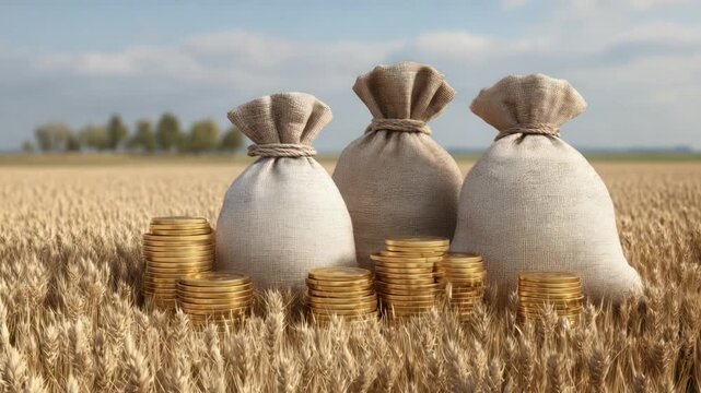 Financial Harvest: Golden coins and sacks of money rest in the midst of a sun-drenched wheat field, symbolizing abundance and prosperity