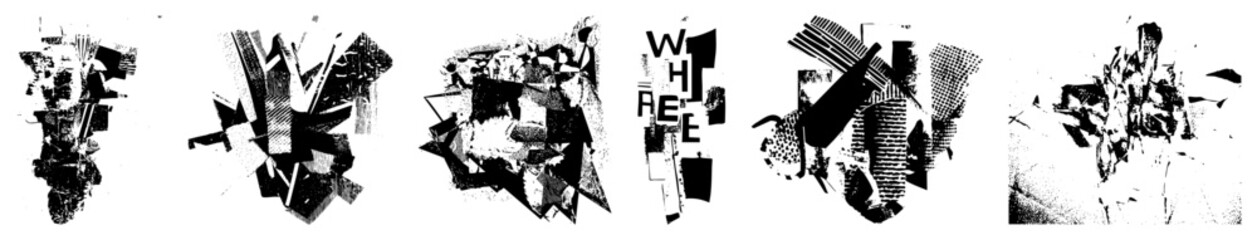Fototapeta premium Fragmented abstract shapes with halftone textures, graphic composition, typographic integration, modernist design, vector art.