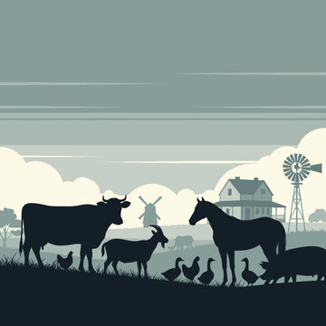 Farm Animals Silhouette - A Serene Countryside Scene.