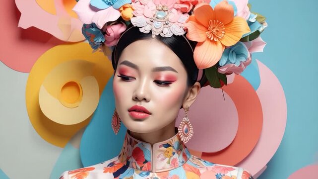 An Asian woman with floral crown and patterned top against a pastel background
