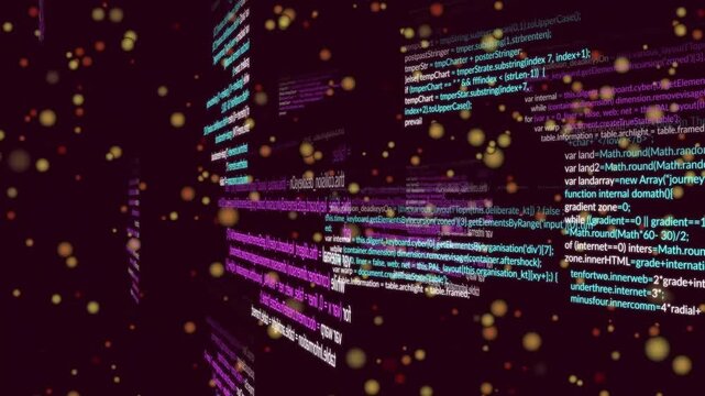 On start camera flying through violet tech space, revealing layered code and golden particles