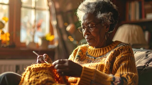 An elderly woman in glasses, knitting with yarn in a warm, sunlit room, close-up shot
