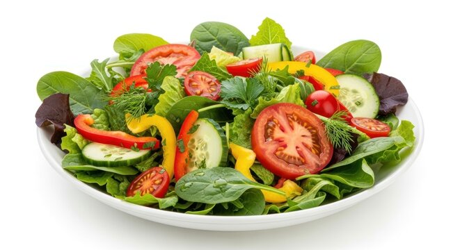 A vibrant salad with a variety of fresh vegetables, including crisp lettuce, juicy tomatoes, and crunchy bell peppers, arranged in a colorful and visually appealing manner.