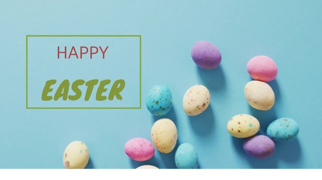 Speckled egg cluster sitting right, green title box appearing then sliding away for Easter greeting