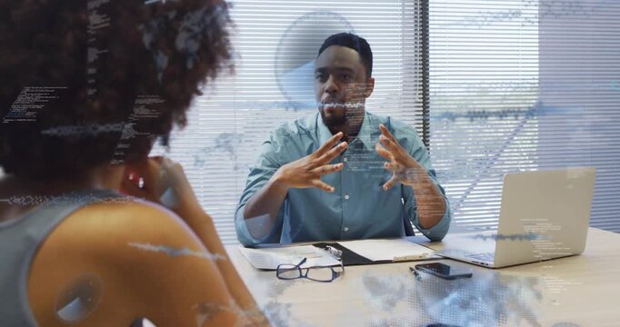 Interviewer speaking candidate listening causing business HUD intensifying then fading over laptop