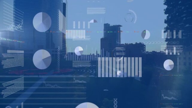 Sun lowering behind midrise, HUD graphics growing, settling and forming analytics HUD over skyline