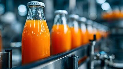 Glass bottles filled with fresh orange juice move along a conveyor belt inside a modern beverage processing and bottling plant setting.