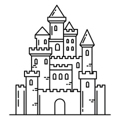 Black and white line of a sandcastle with towers line black and white turrets © isratjahan