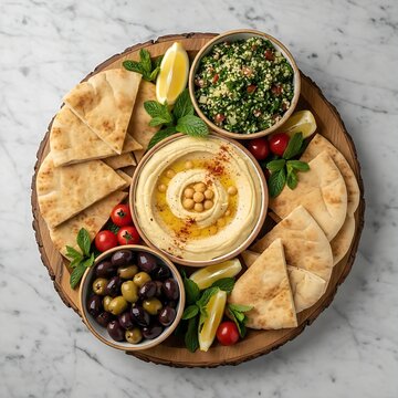 Mediterranean platter with hummus, olives, pita bread, and tabbouleh salad on a wooden board, healthy appetizer spread.