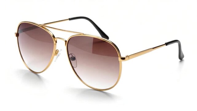 Aviator style sunglasses, gold frames, gradient lenses, black arms on white background with shadow