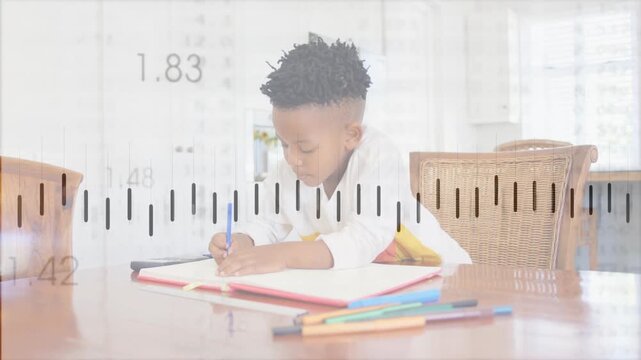 Student boy leaning over red notebook writing homework on table waveform overlay moving across page