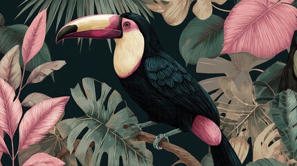 Fototapeta premium Toucan bird in tropical jungle foliage seamless pattern
