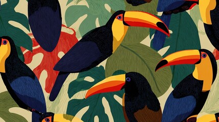 Fototapeta premium Toucans in tropical jungle with colorful leaves