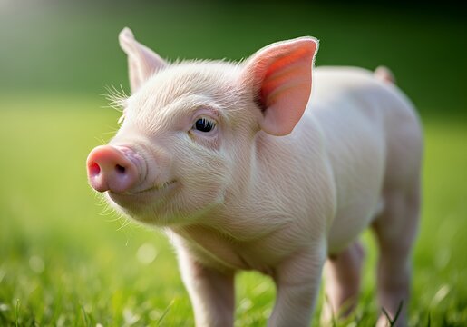 This is an image showing a pig standing in the grass looking