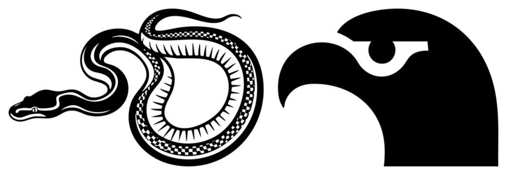 Stylized snake coiled with checkered scales and eagle head profile, bold graphic symbols, design, emblem, flat vector art.