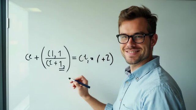 Portrait of smart guy at whiteboard while solving problem equation.
